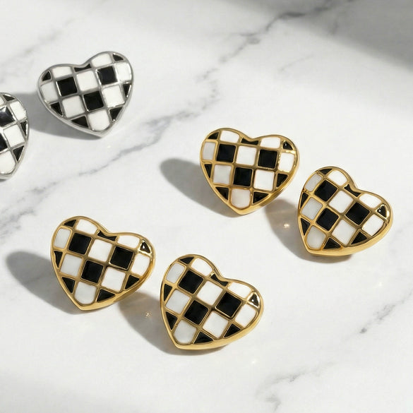 Wholesale Stainless Steel Electroplated Geometric Heartshaped Enamel Glaze Checkerboard Earrings For Women