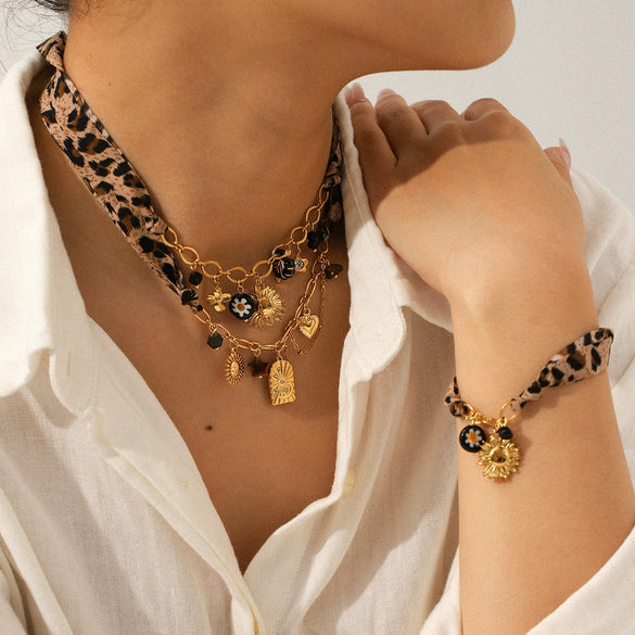 Wholesale Stainless Steel Electroplated Geometric Leopard Print Jewelry Pendant Necklace And Bracelet For Women
