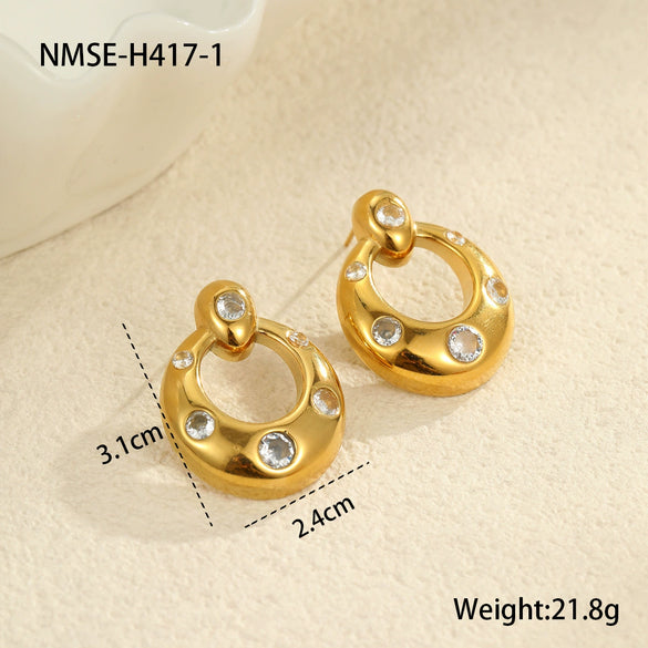 Wholesale Stainless Steel Electroplated Geometric Ushaped Inlaid Zircon Women's Earrings Retro Light Luxury Style