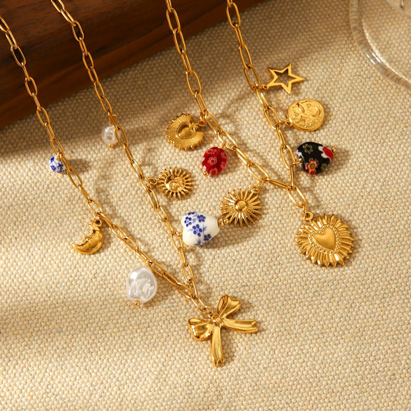 Wholesale Stainless Steel Electroplated Heart Shape Flower Bow Tie Star Geometric Pendant Necklace For Women