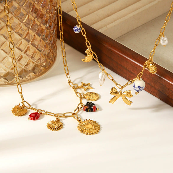 Wholesale Stainless Steel Electroplated Heart Shape Flower Bow Tie Star Geometric Pendant Necklace For Women