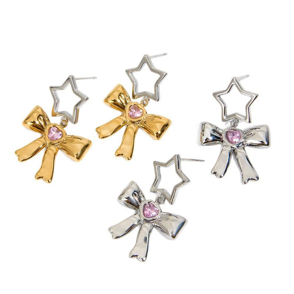 Wholesale Stainless Steel Electroplated Hollow Fivepointed Star Bow Earrings Sweet Cool Minimalist Style