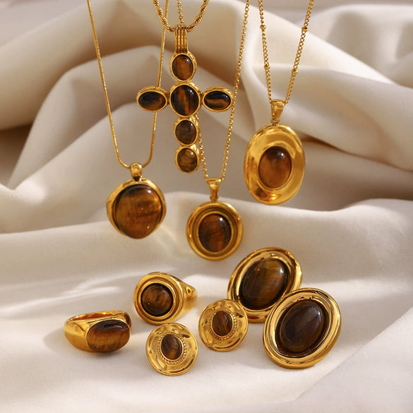 Wholesale Stainless Steel Electroplated 18K Gold Geometric Cross Necklace And Oval Earrings For Women