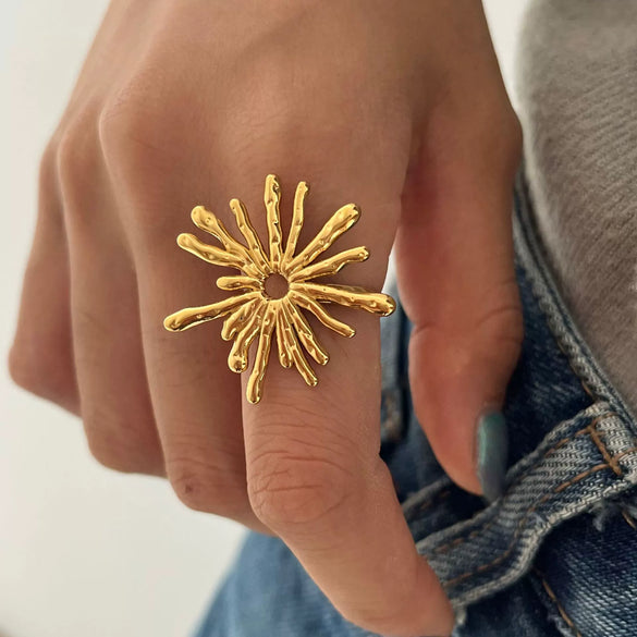 Wholesale Stainless Steel Electroplated 18K Gold Geometric Sunflower Ring For Women Stylish Unique