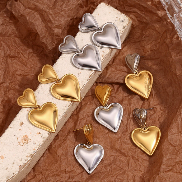 Wholesale Stainless Steel Electroplated 18K Gold Heart Doublelayer Love Pendant Earrings For Women