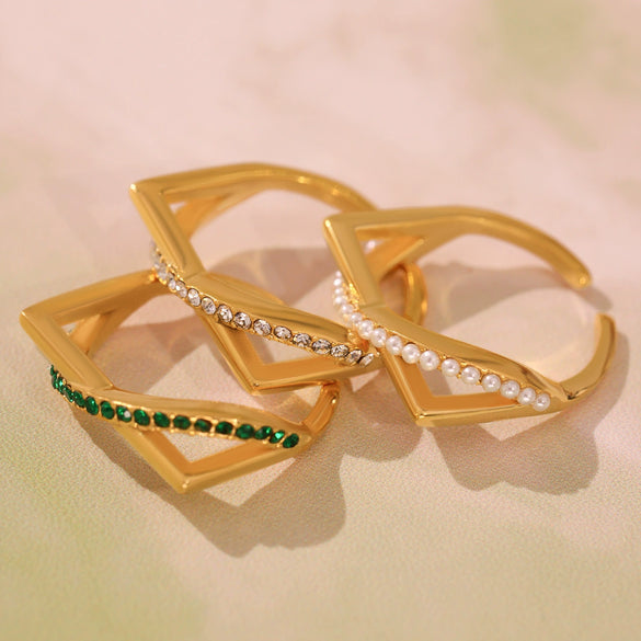 Wholesale Stainless Steel Electroplated 18K Real Gold Geometric Ferris Wheel Cross Double Layer Index Finger Ring For Women