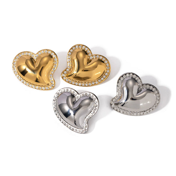 Wholesale Stainless Steel Electroplated Loveshaped White Rhinestone Inlaid Women's Earrings