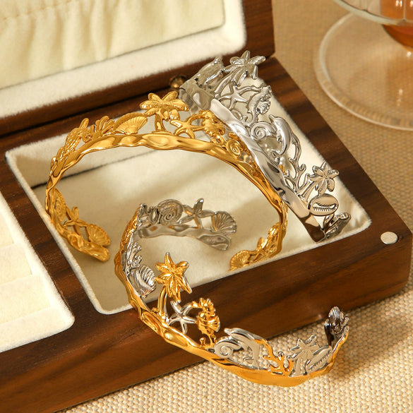 Wholesale Stainless Steel Electroplated Marine Life And Coconut Tree Open Bracelet Jewelry