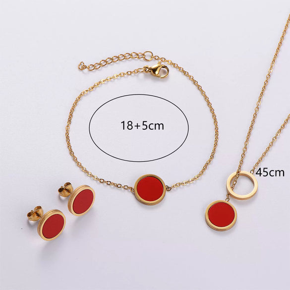 Wholesale Stainless Steel Electroplated Plant Flowers Pattern Round Stud Earrings Bracelet Necklace Threepiece Set For Women