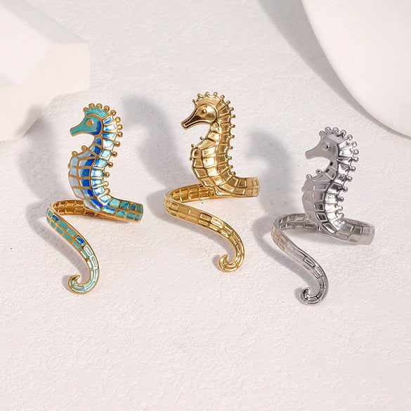 Wholesale Stainless Steel Electroplated Seahorse Open Ring For Women Simple Animal Style Jewelry