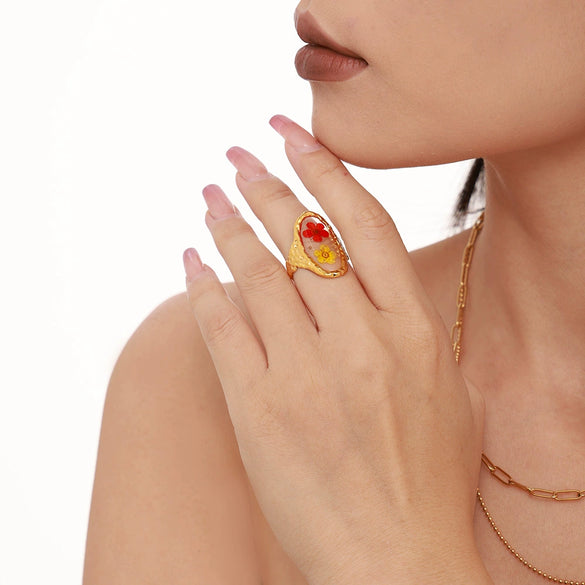 Wholesale Stainless Steel Enamel Glaze Resin Dried Flower Opening Ring Light Luxury Geometric Style Electroplated Finger Ring For Women