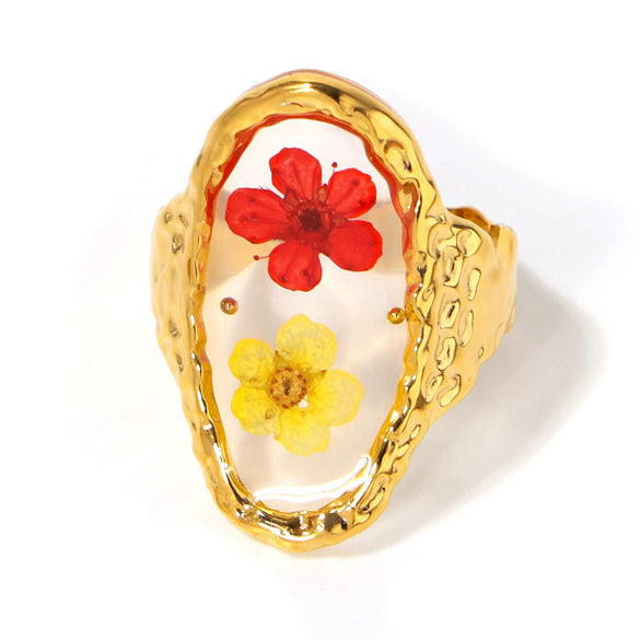 Wholesale Stainless Steel Enamel Glaze Resin Dried Flower Opening Ring Light Luxury Geometric Style Electroplated Finger Ring For Women