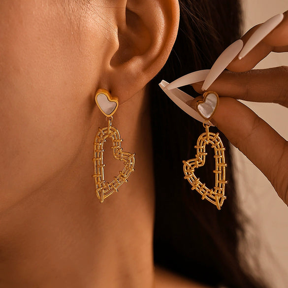Wholesale 316L Stainless Steel Fashion Double Love Hollow Woven Earrings Necklace Pvd Gold Plated