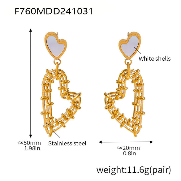Wholesale 316L Stainless Steel Fashion Double Love Hollow Woven Earrings Necklace Pvd Gold Plated