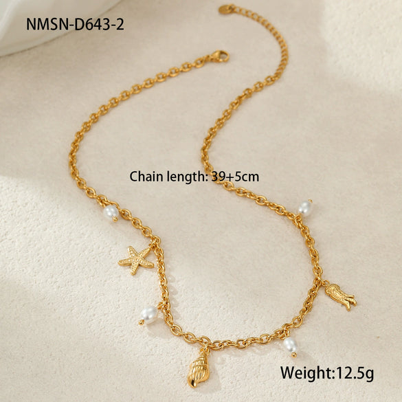 Wholesale Stainless Steel Fashion Geometric Pattern Ocean Wind Shell Starfish Necklace For Women With Electroplating