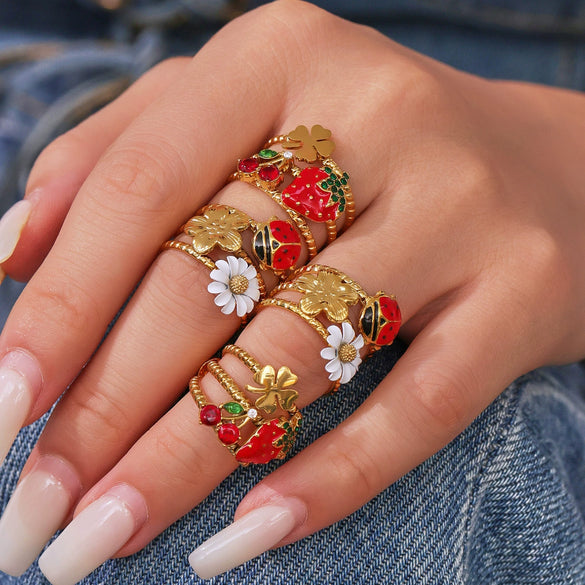 Wholesale 316L Stainless Steel Fashion Jewelry Ring With Oil Drop Zircon Daisy Ladybug Fruit Geometric Animal Zodiac Design And Electroplating Processing
