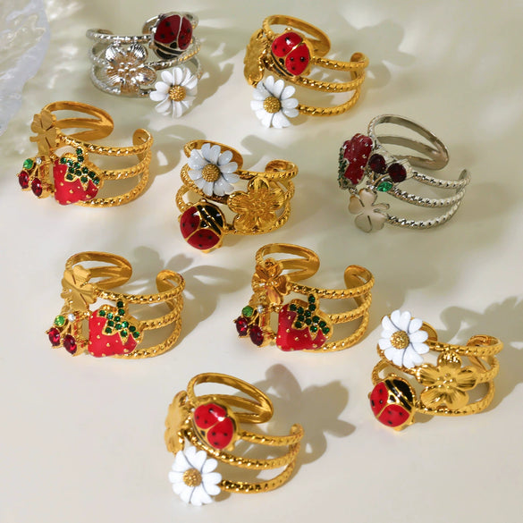 Wholesale 316L Stainless Steel Fashion Jewelry Ring With Oil Drop Zircon Daisy Ladybug Fruit Geometric Animal Zodiac Design And Electroplating Processing
