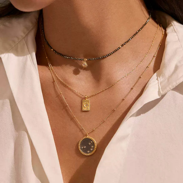 Wholesale Stainless Steel Fashion Necklace With Geometric Sun Moon And Stars Pattern Inlaid Zirconium Electroplated Real Gold