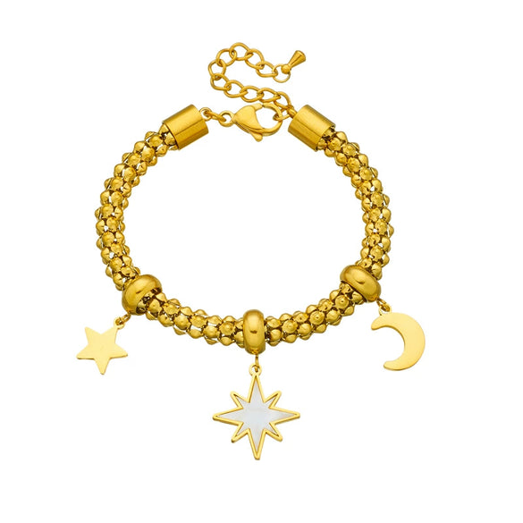 Wholesale Stainless Steel Fashion Retro Gold Plated Flower Moon Star Turquoise Accessories Pendant Chain Bracelet For Women