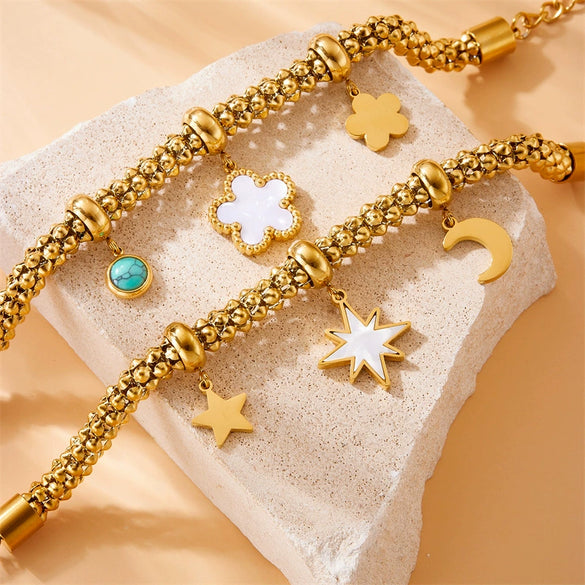 Wholesale Stainless Steel Fashion Retro Gold Plated Flower Moon Star Turquoise Accessories Pendant Chain Bracelet For Women