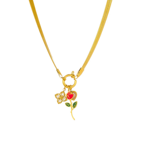 Wholesale Stainless Steel Fashion Retro Snake Bone Chain Oil Dropping Rose Pendant Necklace With Gold Plated And Flower Pattern