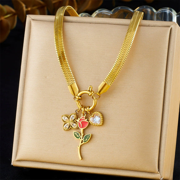 Wholesale Stainless Steel Fashion Retro Snake Bone Chain Oil Dropping Rose Pendant Necklace With Gold Plated And Flower Pattern
