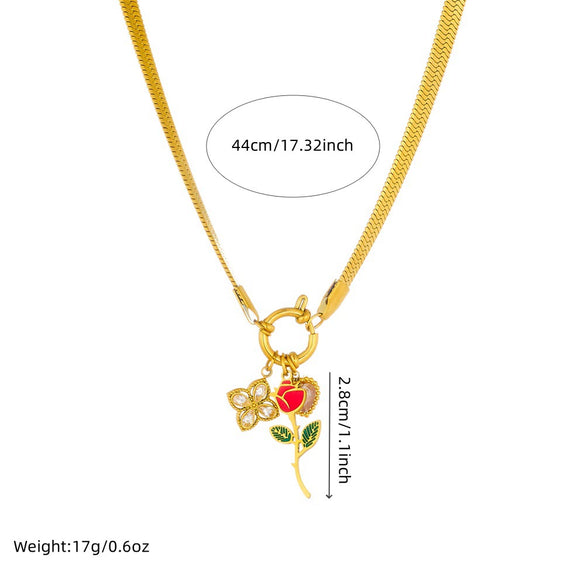 Wholesale Stainless Steel Fashion Retro Snake Bone Chain Oil Dropping Rose Pendant Necklace With Gold Plated And Flower Pattern