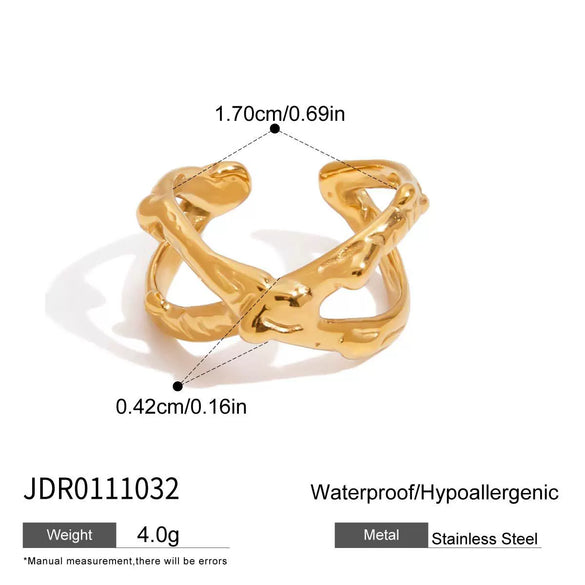 Wholesale Stainless Steel Fashion Ring With Geometric Hammer Pattern Hollow Design Adjustable Opening Electroplating Finish