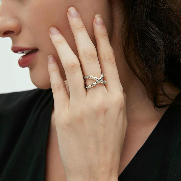 Wholesale Stainless Steel Fashion Ring With Geometric Hammer Pattern Hollow Design Adjustable Opening Electroplating Finish
