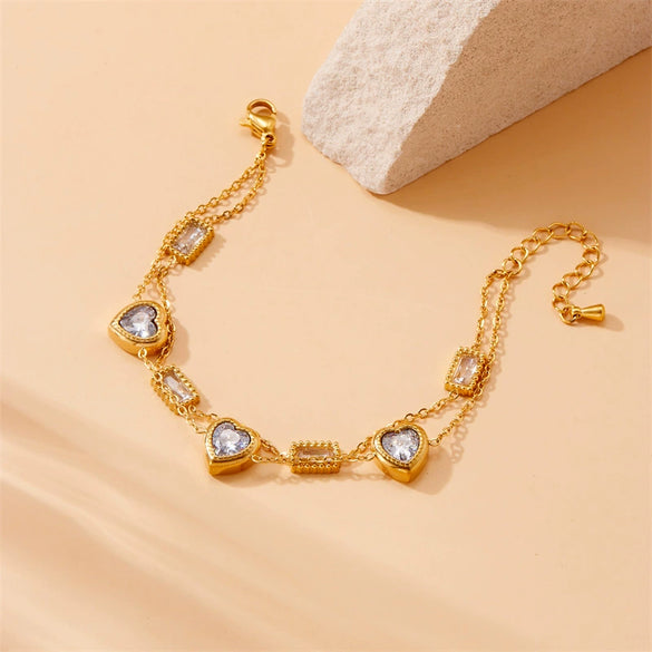 Wholesale Stainless Steel Fashion Simple Niche Diamondencrusted Square Love Double Layer Stacked Electroplated Women's Jewelry Bracelet