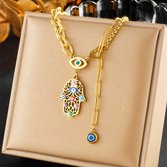 Wholesale Stainless Steel Fatima's Eye Pendant Chain Necklace Retro Style Goldplated