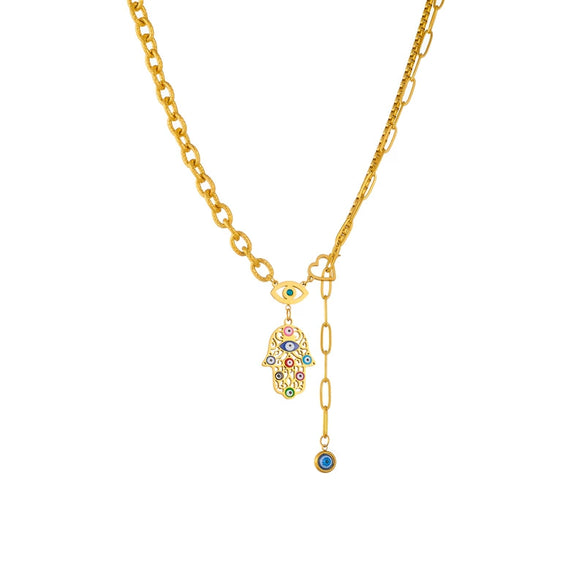 Wholesale Stainless Steel Fatima's Eye Pendant Chain Necklace Retro Style Goldplated