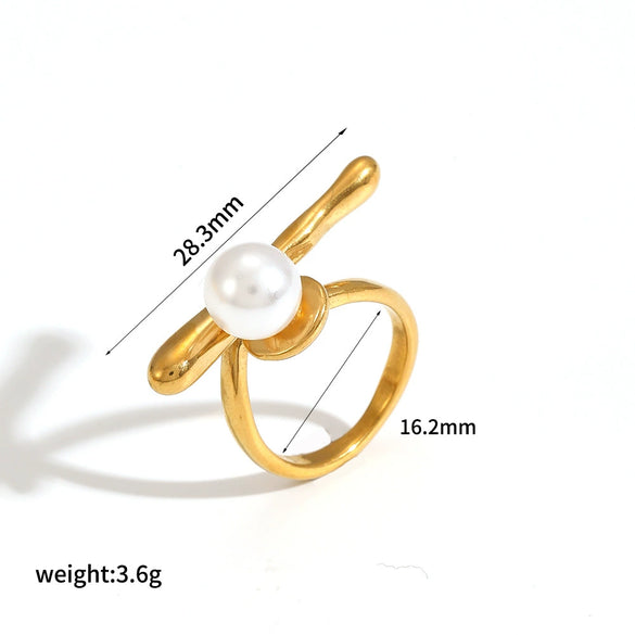 Wholesale Stainless Steel Female Geometric Style Ring And Bracelet With Imitation Pearl And 18K Goldplated Electroplating
