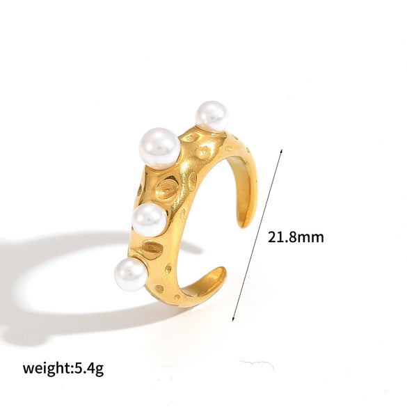 Wholesale Stainless Steel Female Geometric Style Ring And Bracelet With Imitation Pearl And 18K Goldplated Electroplating