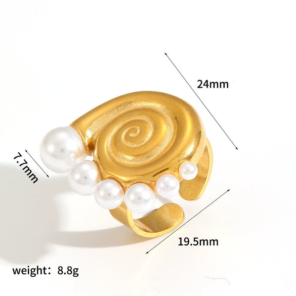 Wholesale Stainless Steel Female Geometric Style Ring And Bracelet With Imitation Pearl And 18K Goldplated Electroplating