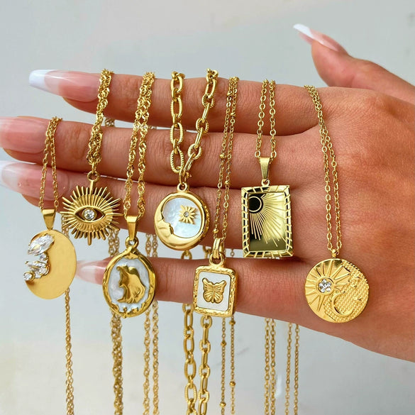 Wholesale Stainless Steel Female Necklace With Sun Moon Butterfly Star And Geometric Patterns Electroplated Design Natural Style