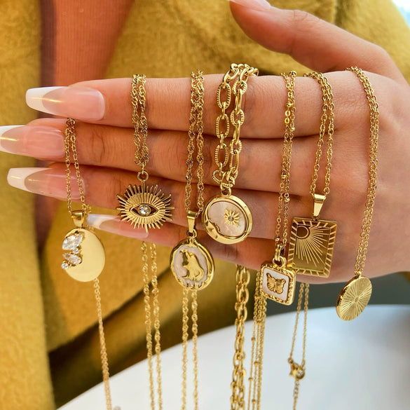 Wholesale Stainless Steel Female Necklace With Sun Moon Butterfly Star And Geometric Patterns Electroplated Design Natural Style