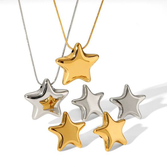Wholesale Stainless Steel Fivepointed Star Earrings And Pendant Necklace With Electroplating For Women