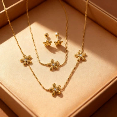 Wholesale Stainless Steel Floral Electroplated Jewelry Set For Women Necklace Bracelet Earrings