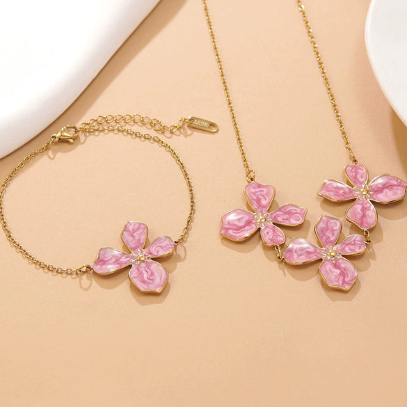 Wholesale Stainless Steel Floral Oil Dripping Jewelry Set For Women Necklace And Bracelet