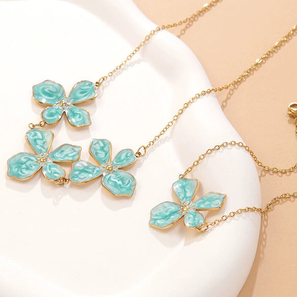 Wholesale Stainless Steel Floral Oil Dripping Jewelry Set For Women Necklace And Bracelet