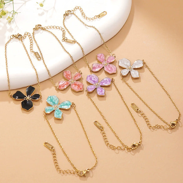 Wholesale Stainless Steel Floral Oil Dripping Jewelry Set For Women Necklace And Bracelet