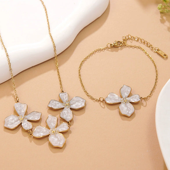 Wholesale Stainless Steel Floral Oil Dripping Jewelry Set For Women Necklace And Bracelet