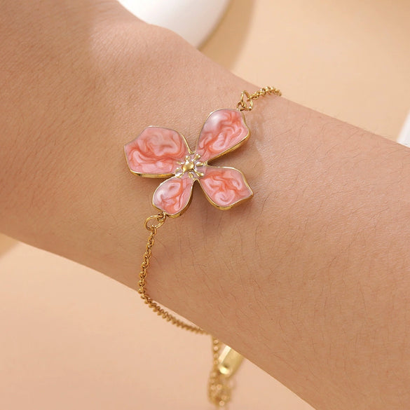 Wholesale Stainless Steel Floral Oil Dripping Jewelry Set For Women Necklace And Bracelet