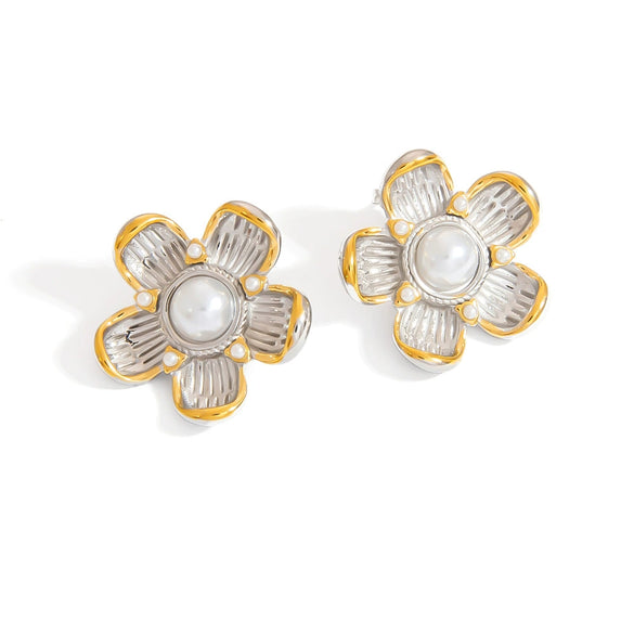 Wholesale Stainless Steel Flower Disc Earrings Electroplated Light Luxury Highend Women's Jewelry Gold And Silver Color Matching Nonfading