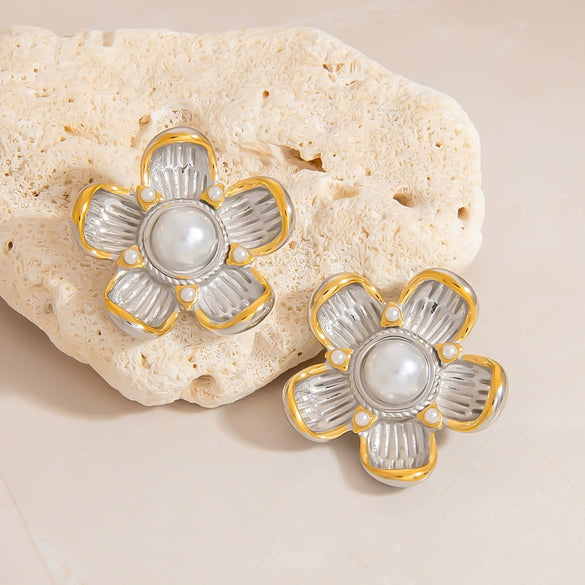 Wholesale Stainless Steel Flower Disc Earrings Electroplated Light Luxury Highend Women's Jewelry Gold And Silver Color Matching Nonfading
