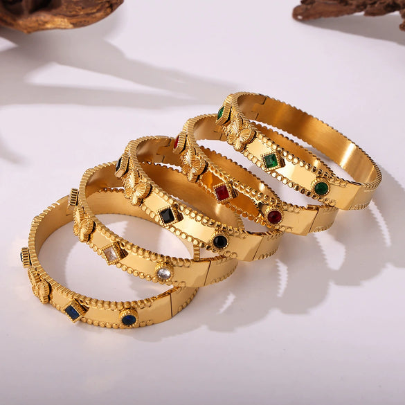 Wholesale Stainless Steel Flower Inlaid Zircon Czech Glass Buckle Gear Geometry Style Electroplated Bracelet