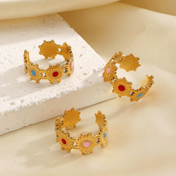 Wholesale Stainless Steel Flower Oil Drop Ring 18K Gold Plated For Women