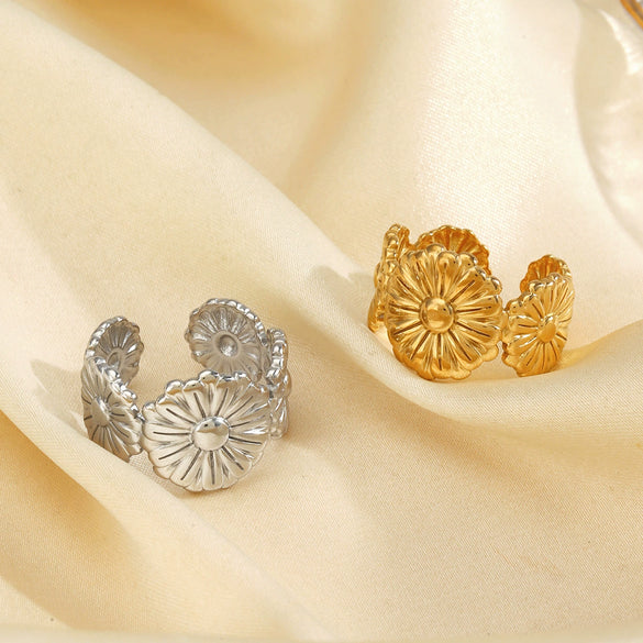 Wholesale Stainless Steel Flower Open Ring With Electroplating Retro And Fashion Style For Women