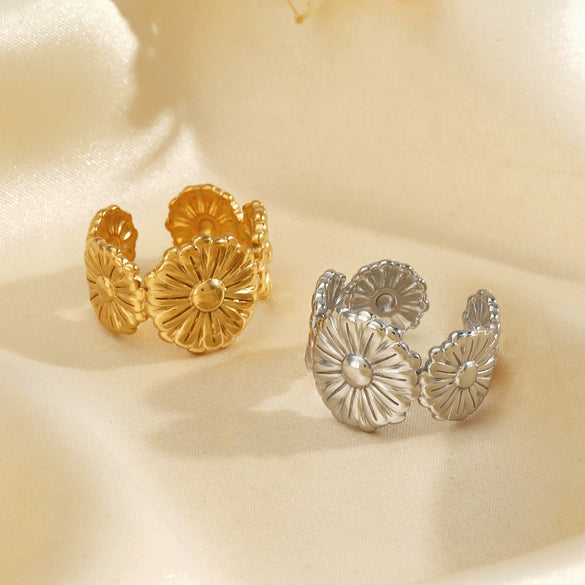Wholesale Stainless Steel Flower Open Ring With Electroplating Retro And Fashion Style For Women